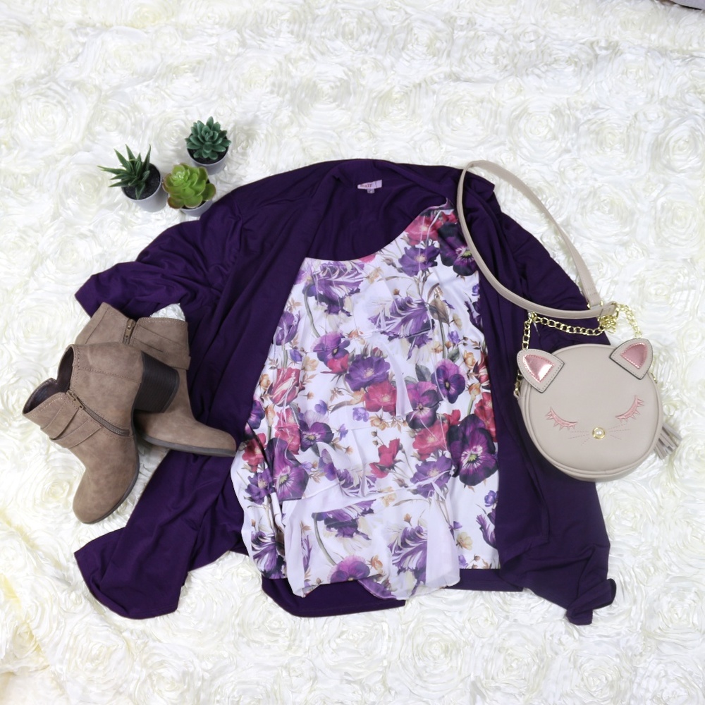 Purple Solid and Floral Layered Look Ruffle Blouse